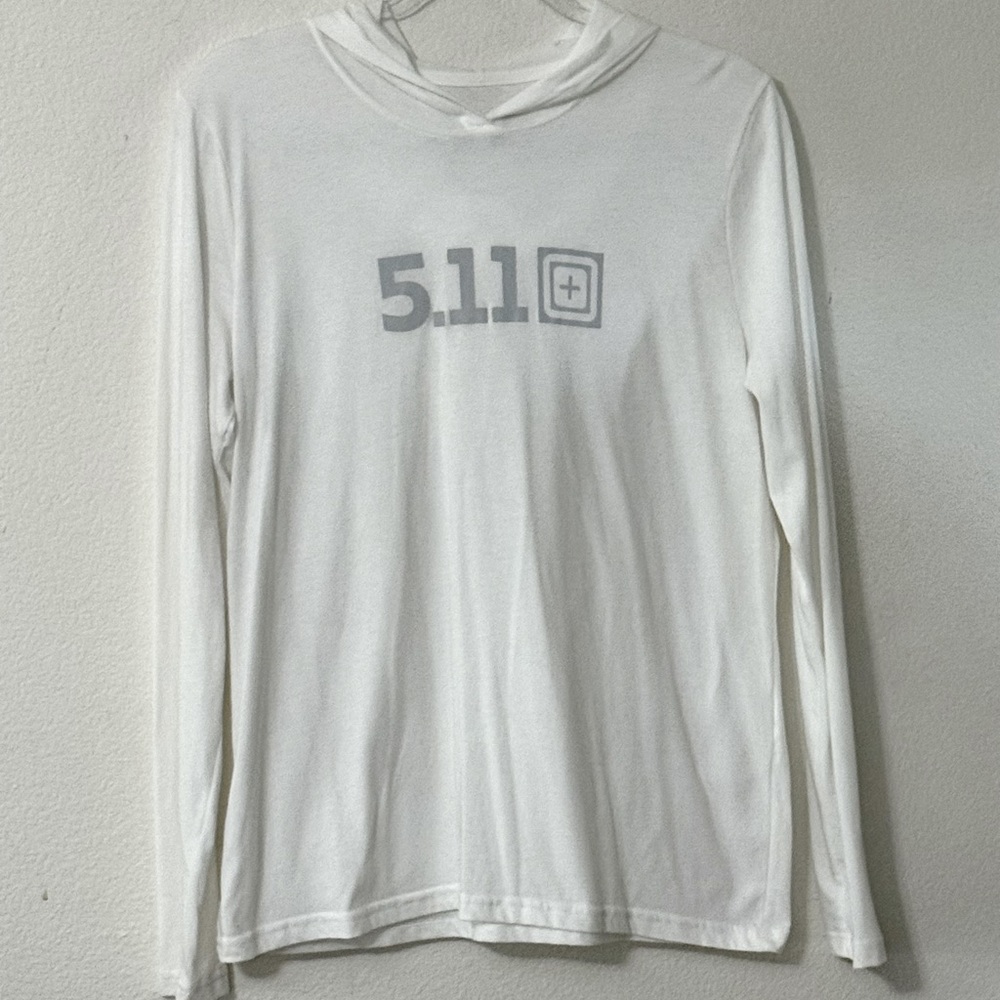 5.11 Tactical Women's Long Sleeve Hooded Tee in White with Gray Logo